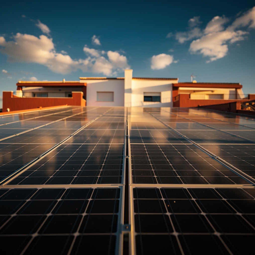 Paneles solares en tejado de comunidad de vecinos en España