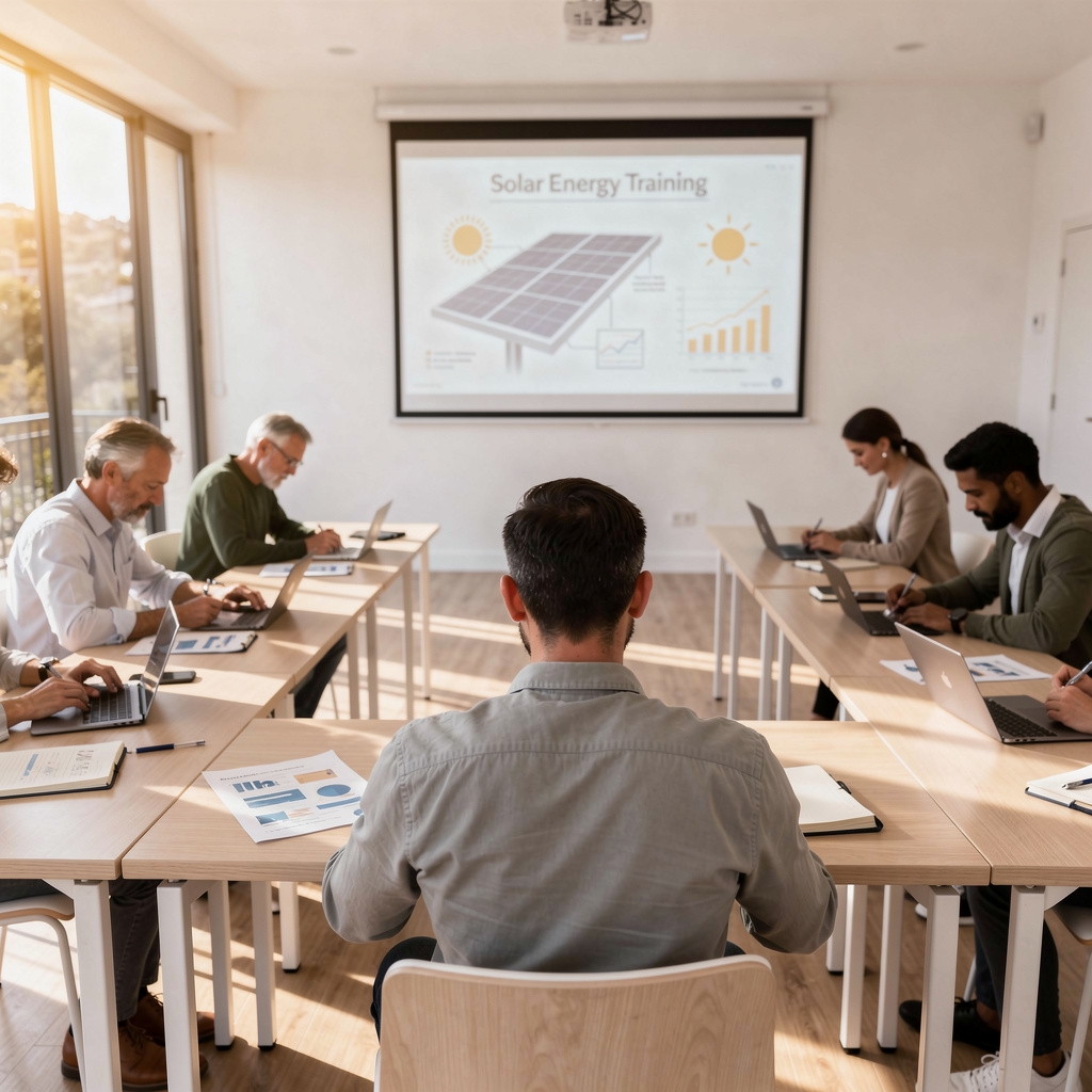 Participantes en sala de formación solar con materiales sobre la mesa