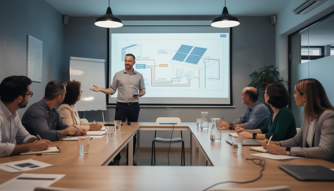 Sesión de formación práctica sobre energía solar en sala de taller